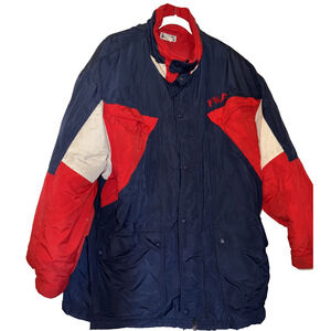 FILA Ski Jacket Hooded Puffer Nylon Parka Coat XXL Red White Blue Jacket Vintage
